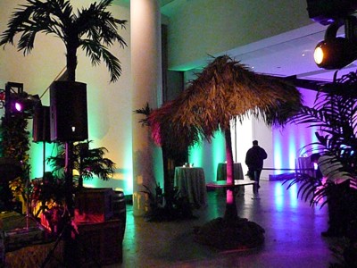 parrot head party decorations and props with palapa bar
